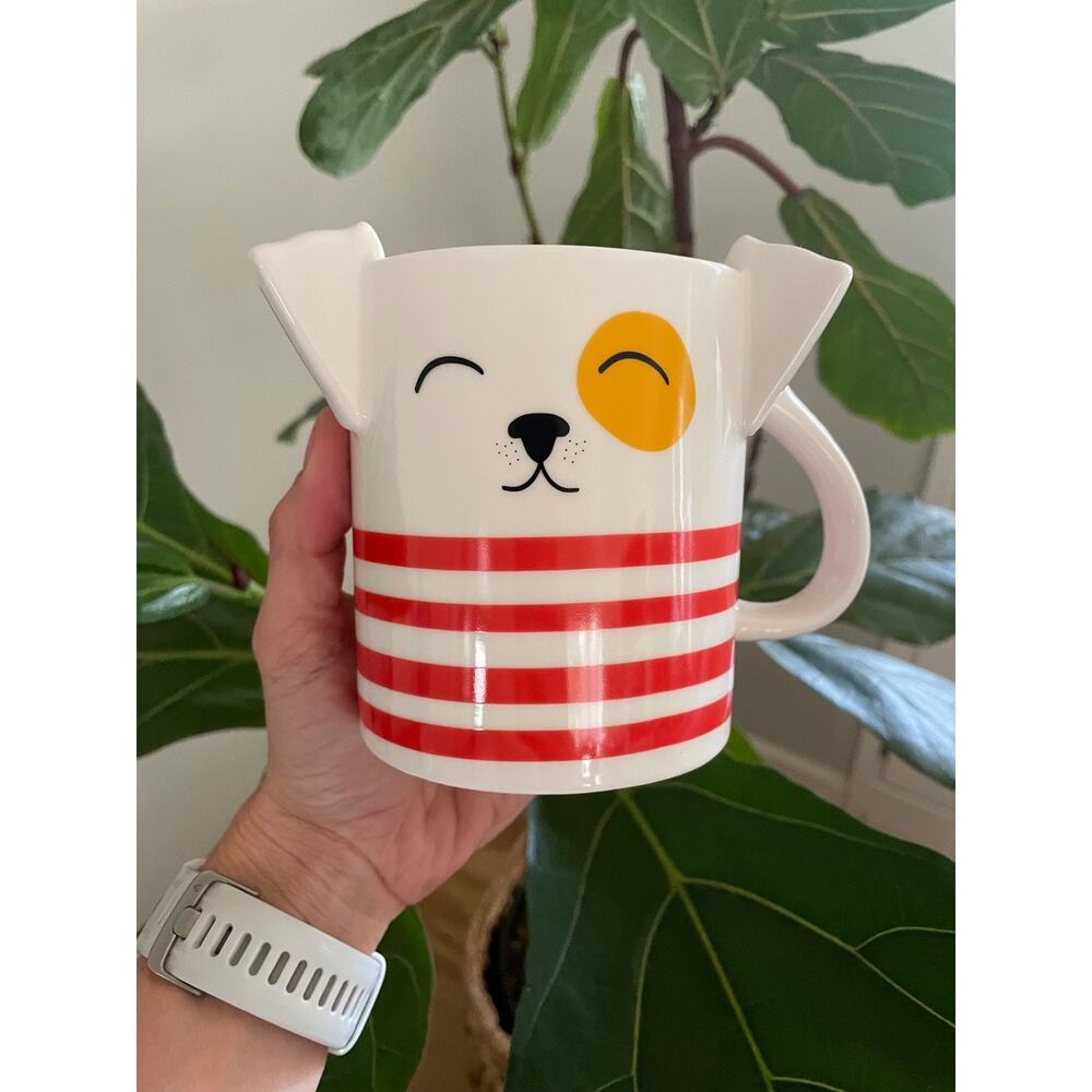 Parker Lane Dog Coffee Cup Mug with Ears Yellow Eye‎ Red Strips